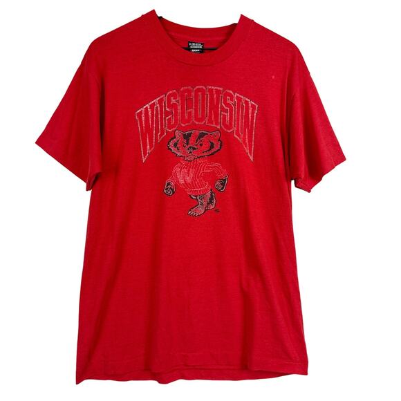 Vintage Single Stitch Wisconsin Badgers Red TShirt Screen Stars Best - XL - Picture 1 of 9